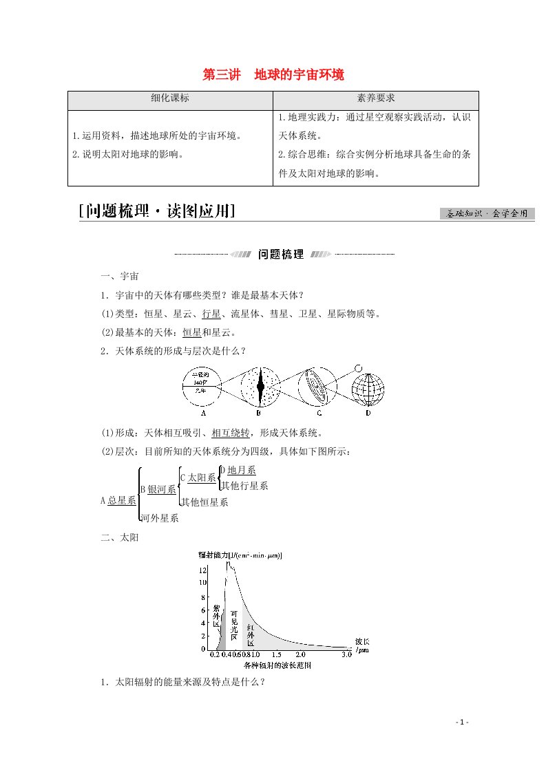 江苏专用2022版高考地理一轮复习第1部分自然地理第1单元第3讲地球的宇宙环境学案2021051513