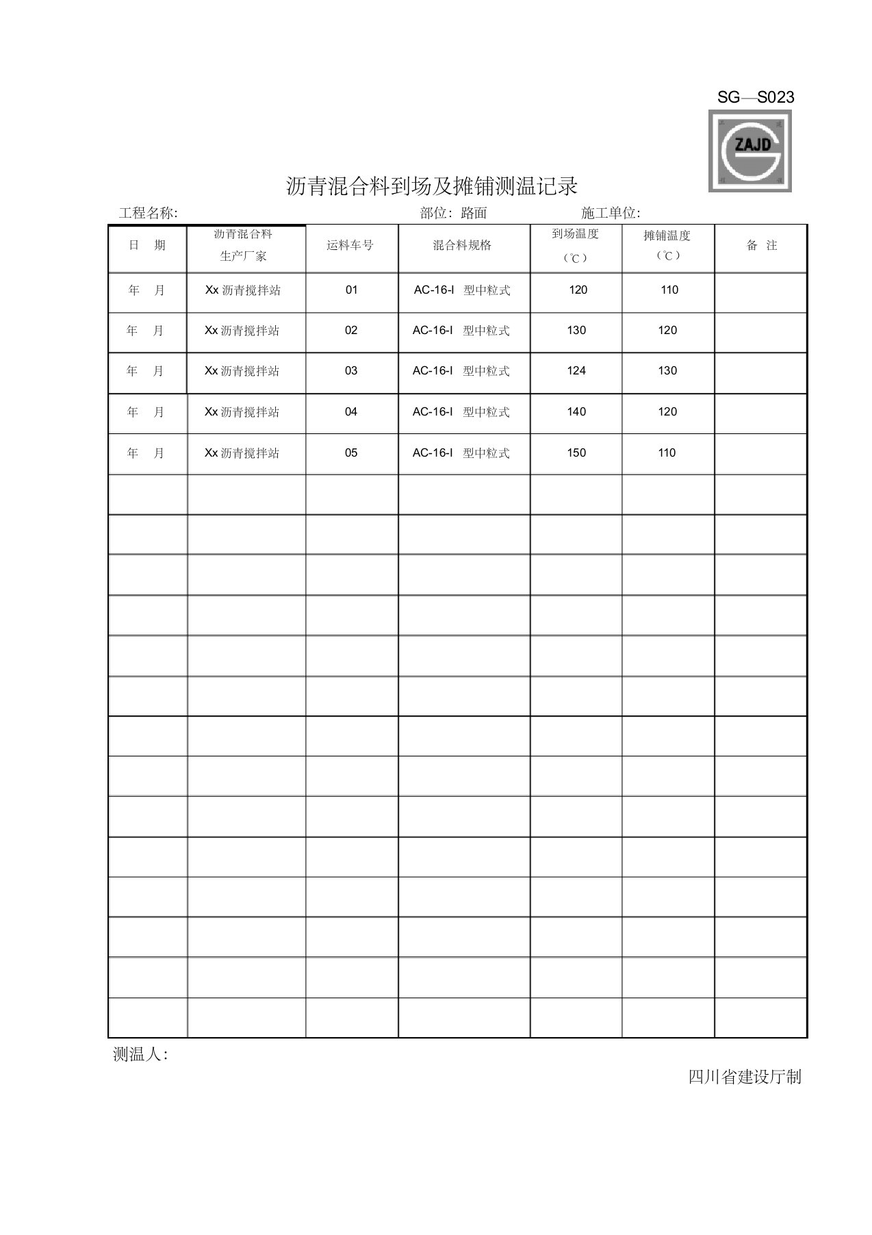 sg-s023沥青混合料到场及摊铺测温记录