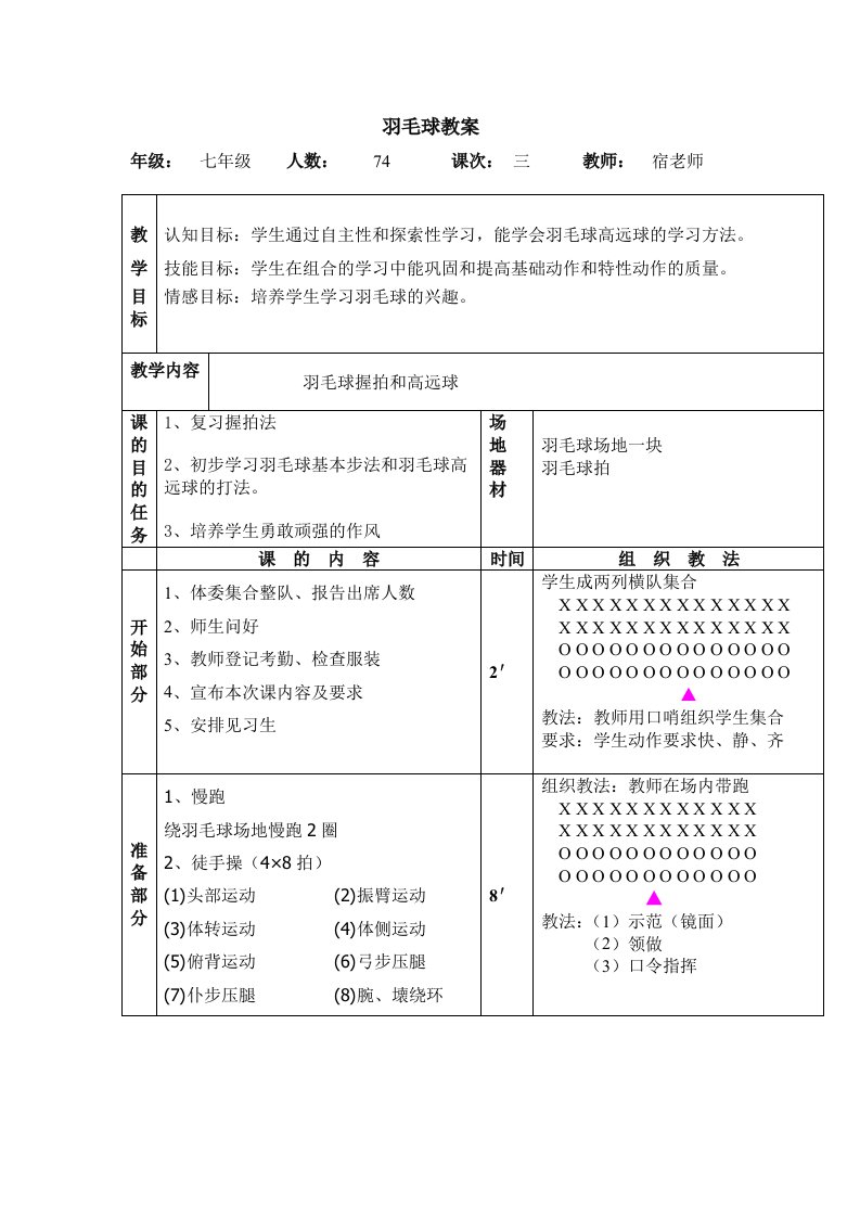 初中羽毛球课教案