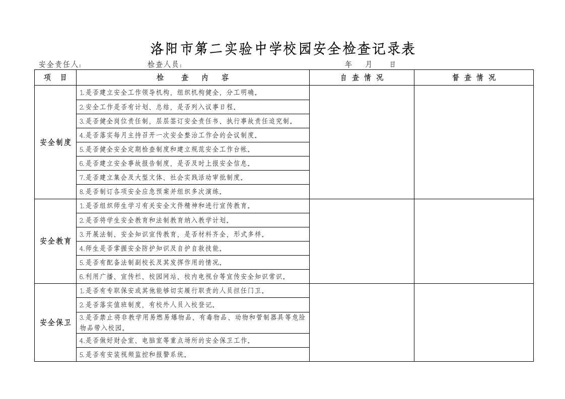 学校校园安全检查记录表