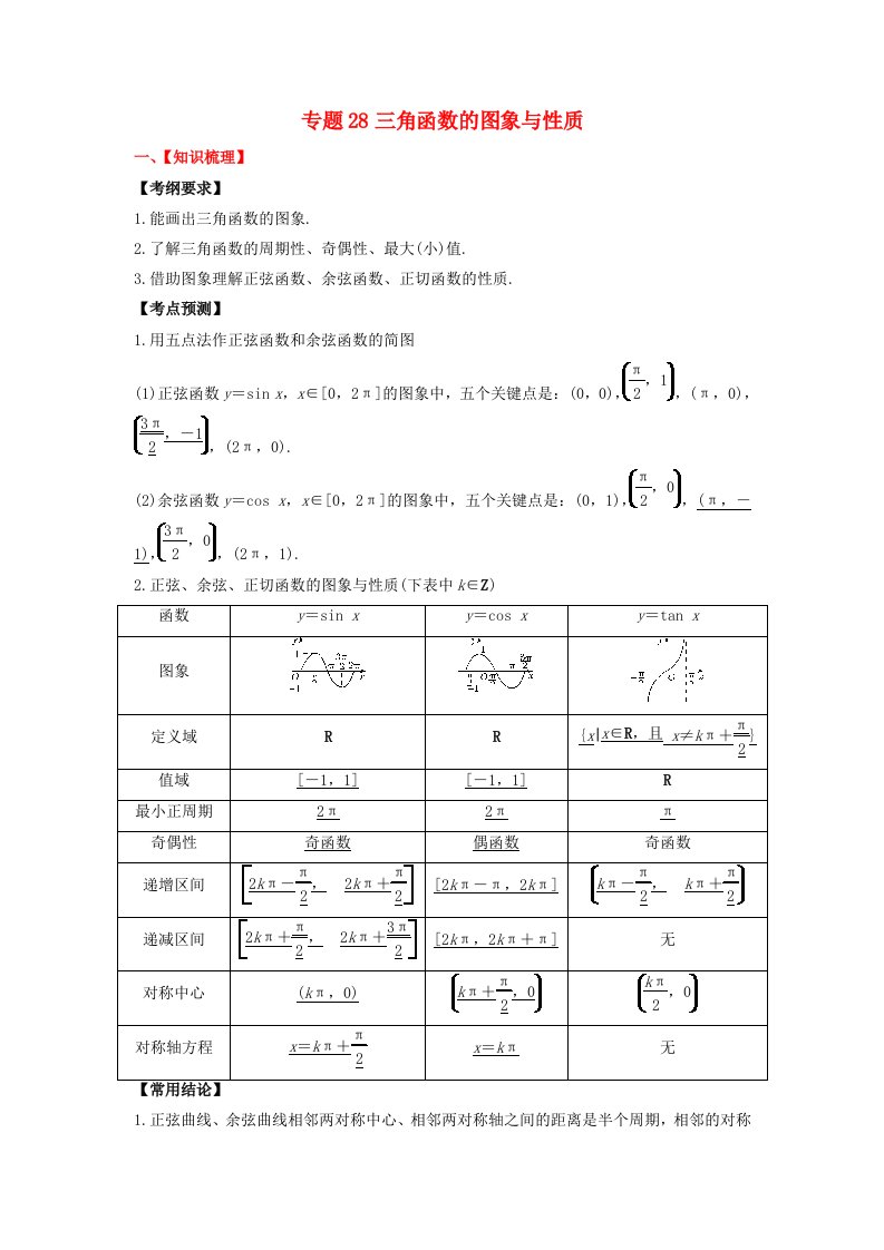 2024年新高考数学一轮复习题型归类与强化测试专题28三角函数的图象与性质教师版