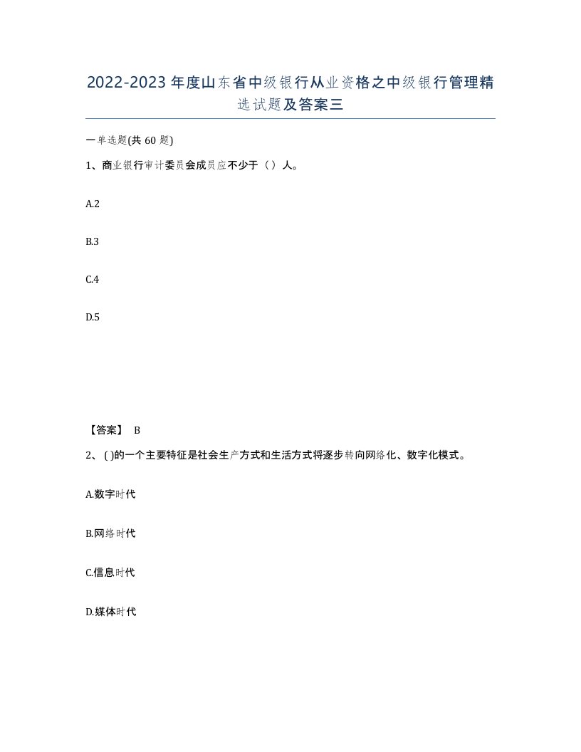 2022-2023年度山东省中级银行从业资格之中级银行管理试题及答案三