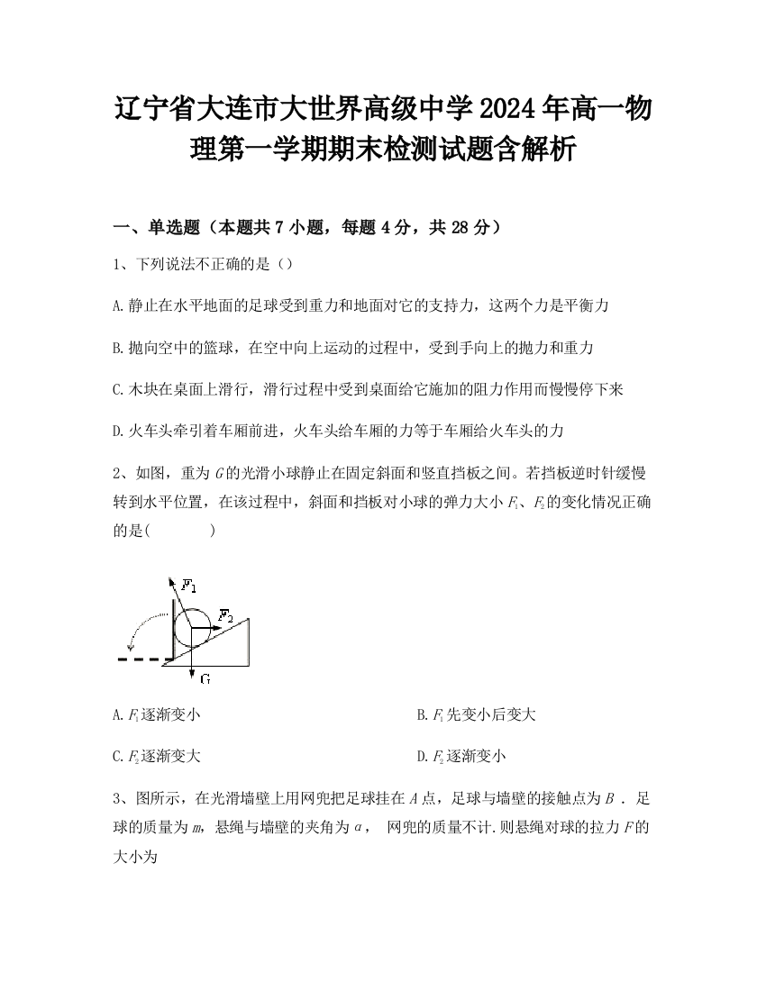 辽宁省大连市大世界高级中学2024年高一物理第一学期期末检测试题含解析