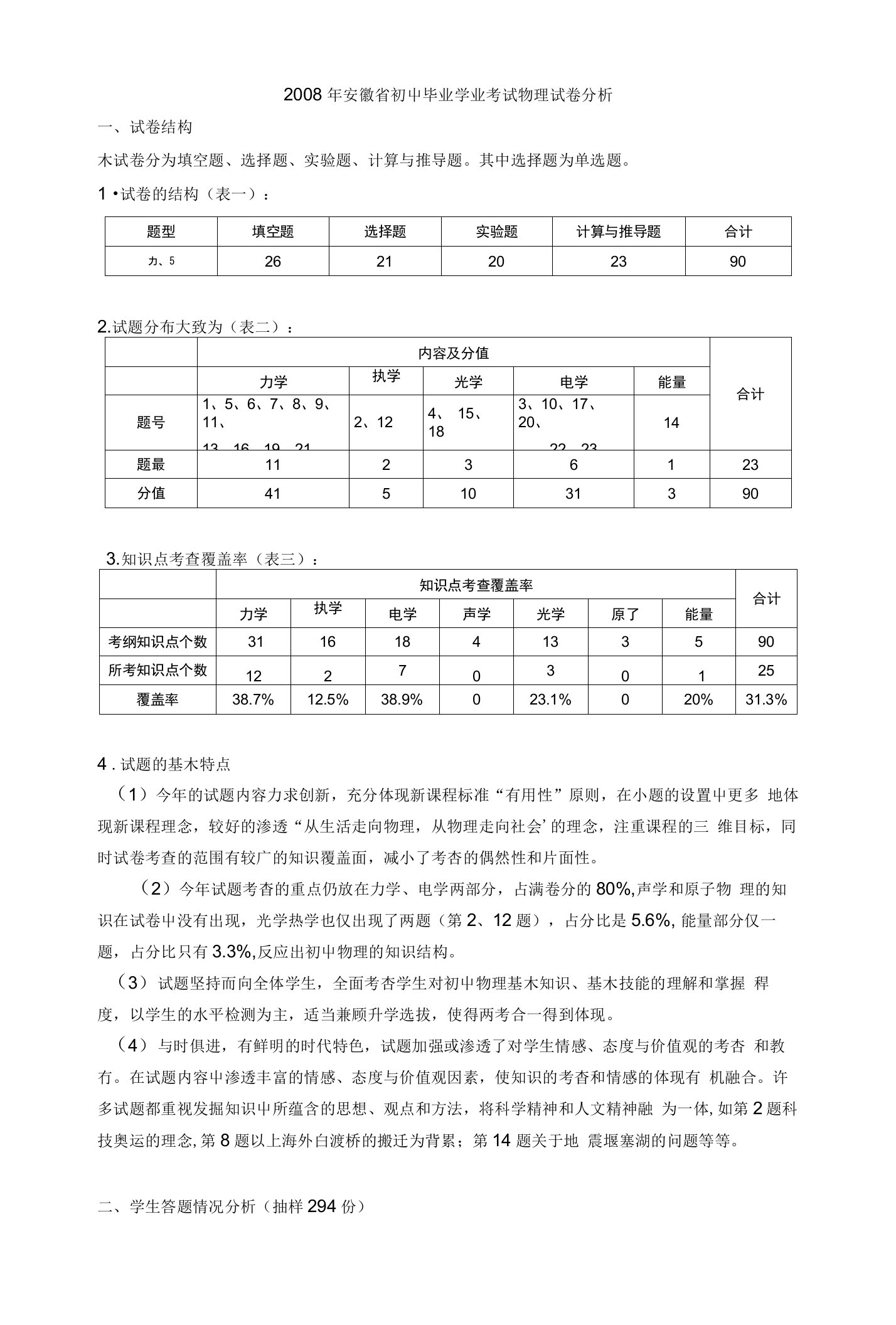 初中考试物理试卷分析