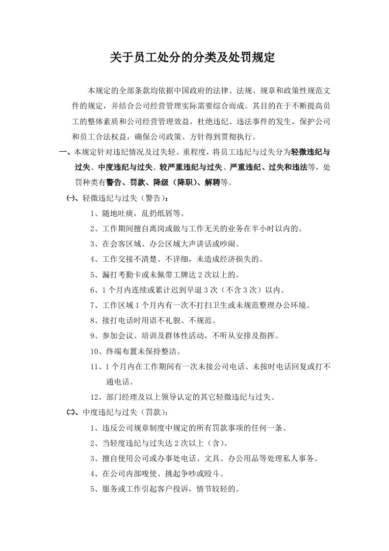 关于员工处分的分类及处罚规定