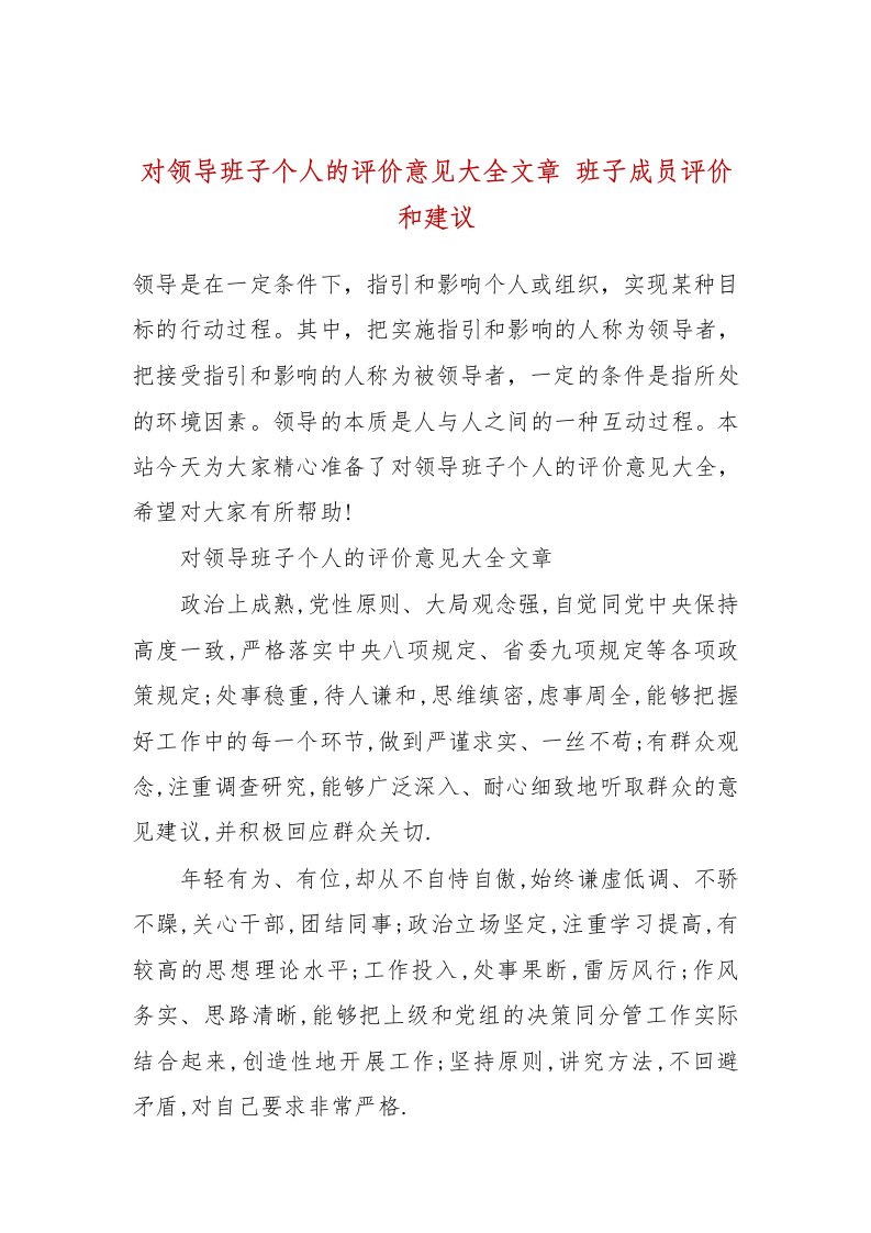 对领导班子个人的评价意见大全文章