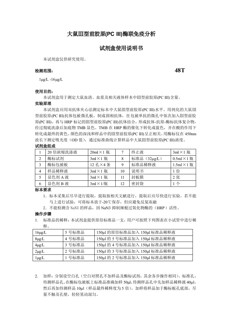 大鼠Ⅲ型前胶原PCIII酶联免疫分析