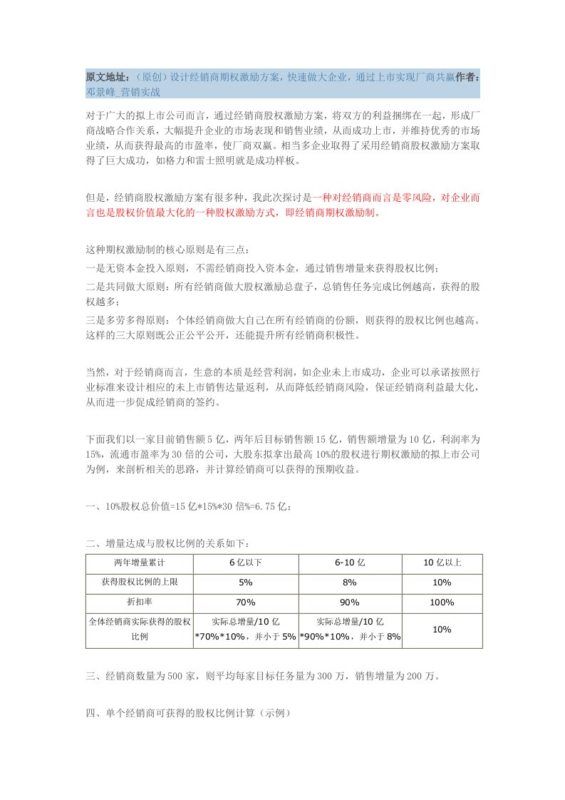 经销商股权激励方案