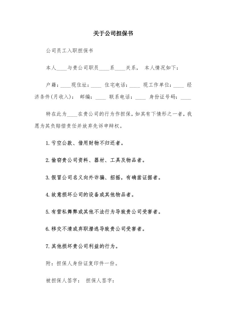 关于公司担保书