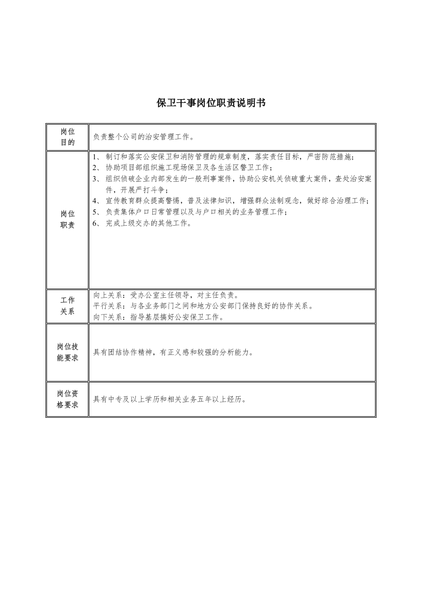 保卫干事岗位职责说明书