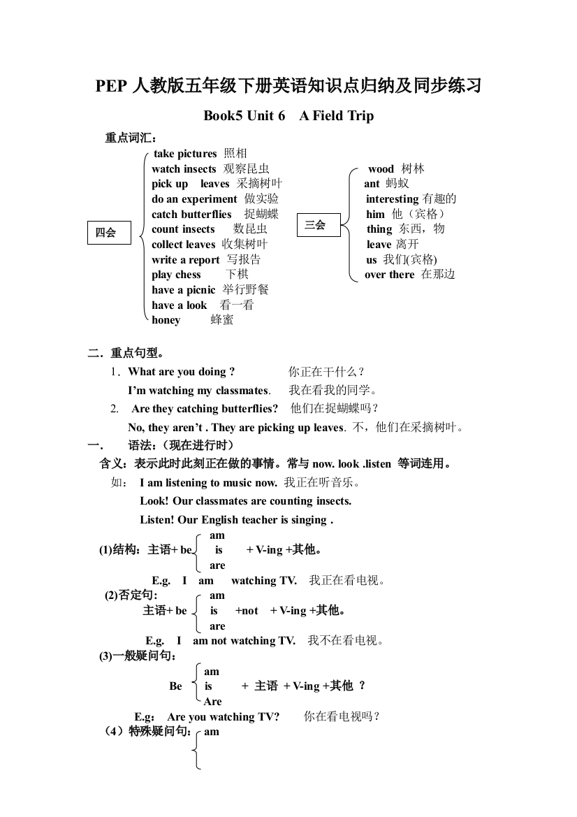 人教PEP版五年级下册英语Unit6知识点归纳及同步练习