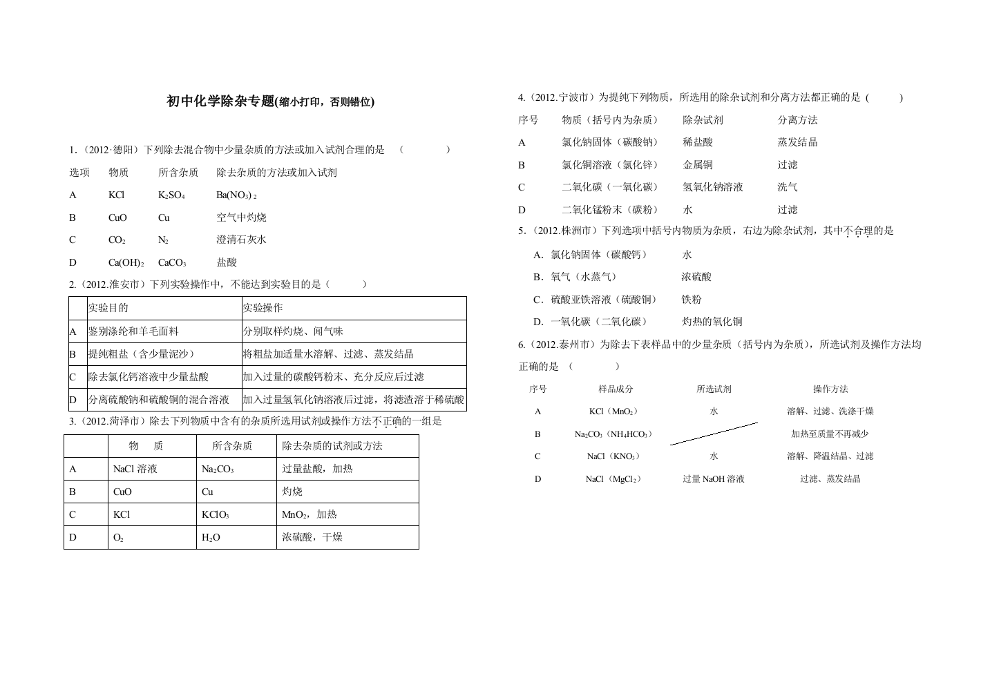 2019中考化学——除杂专题