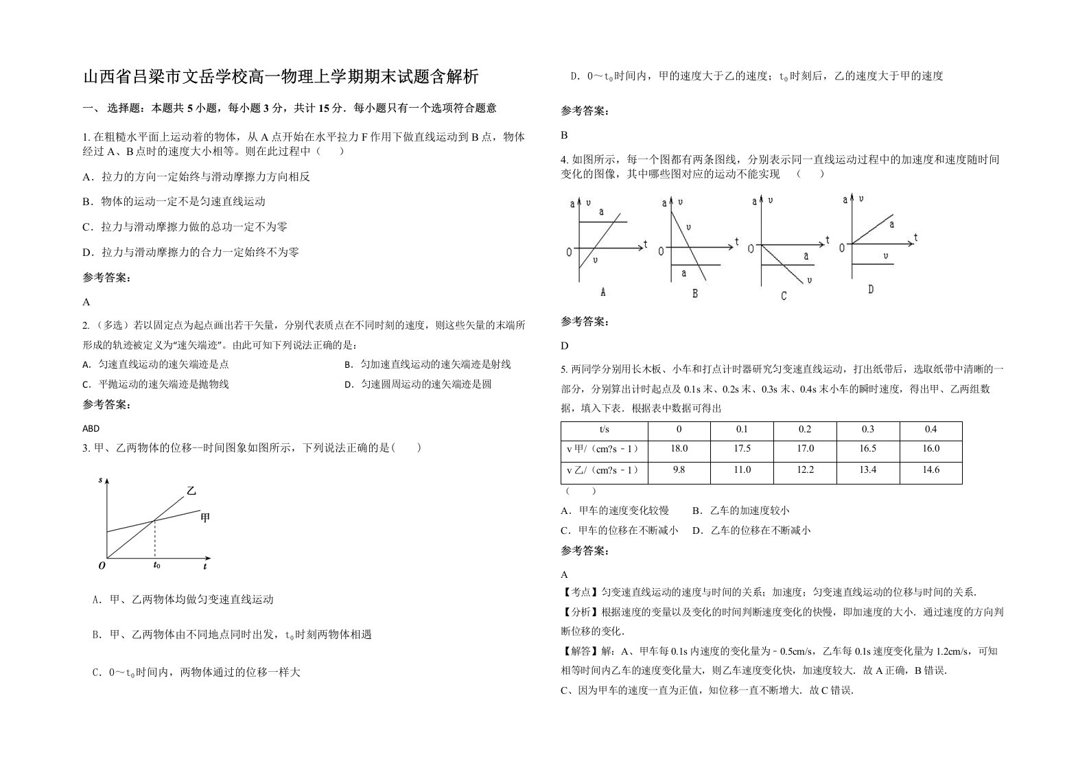 山西省吕梁市文岳学校高一物理上学期期末试题含解析