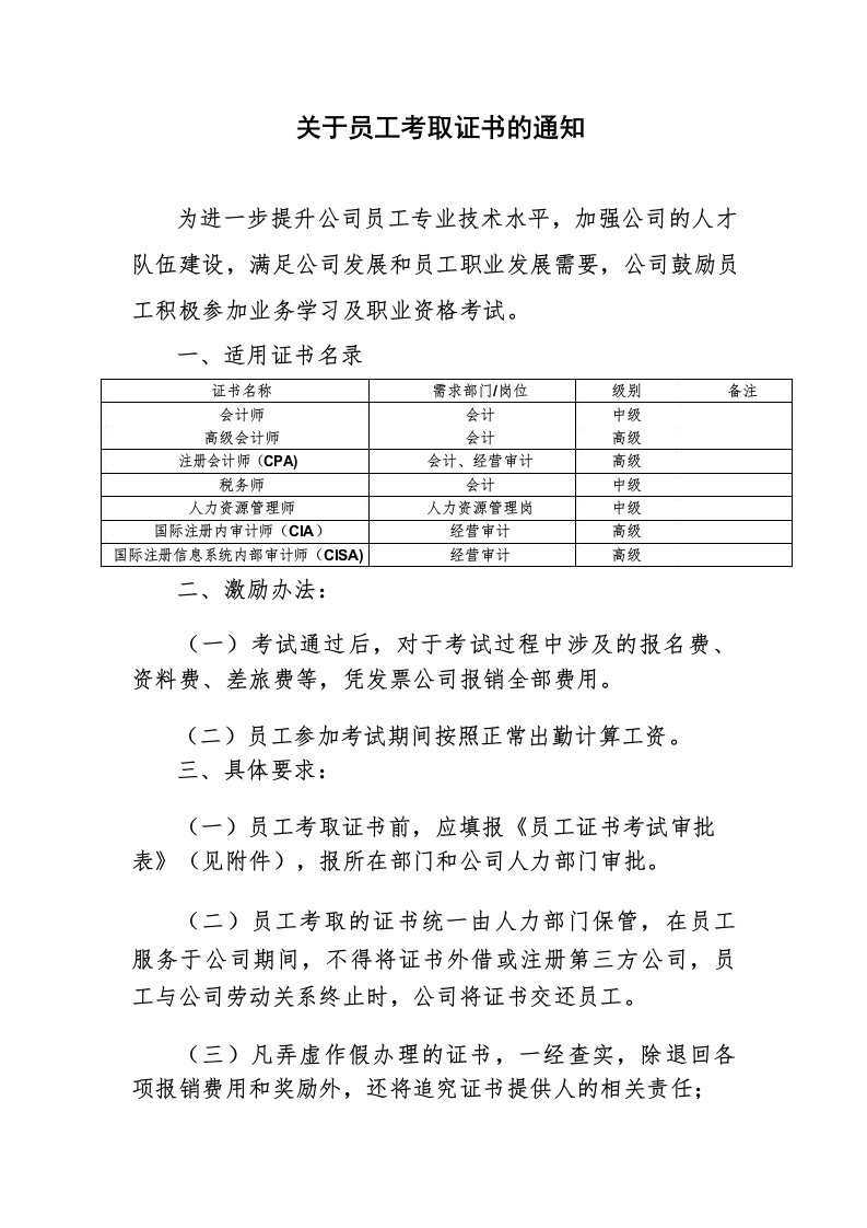 关于员工考取证书的通知