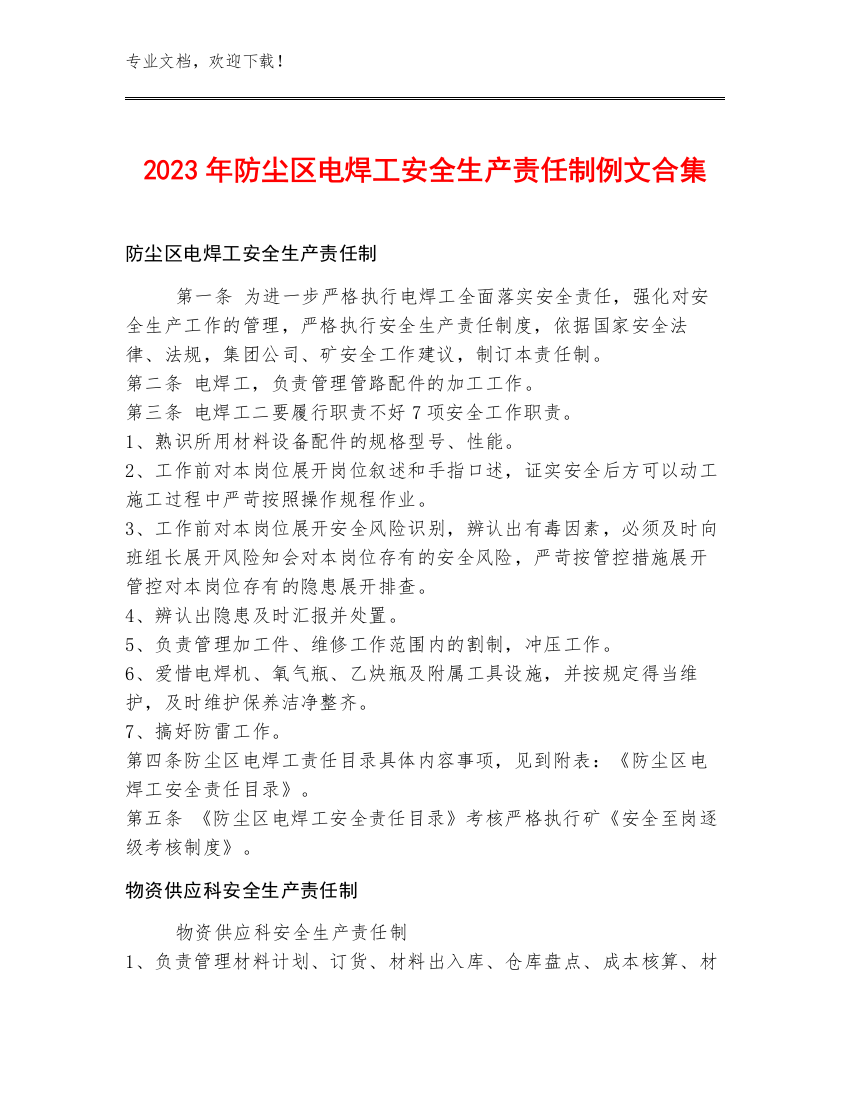 2023年防尘区电焊工安全生产责任制例文合集