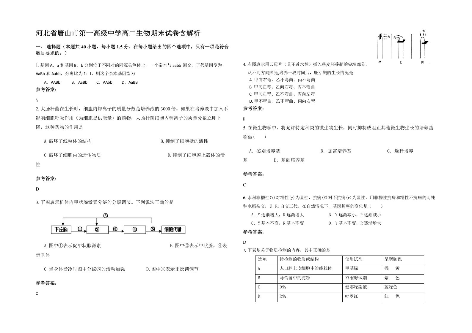 河北省唐山市第一高级中学高二生物期末试卷含解析