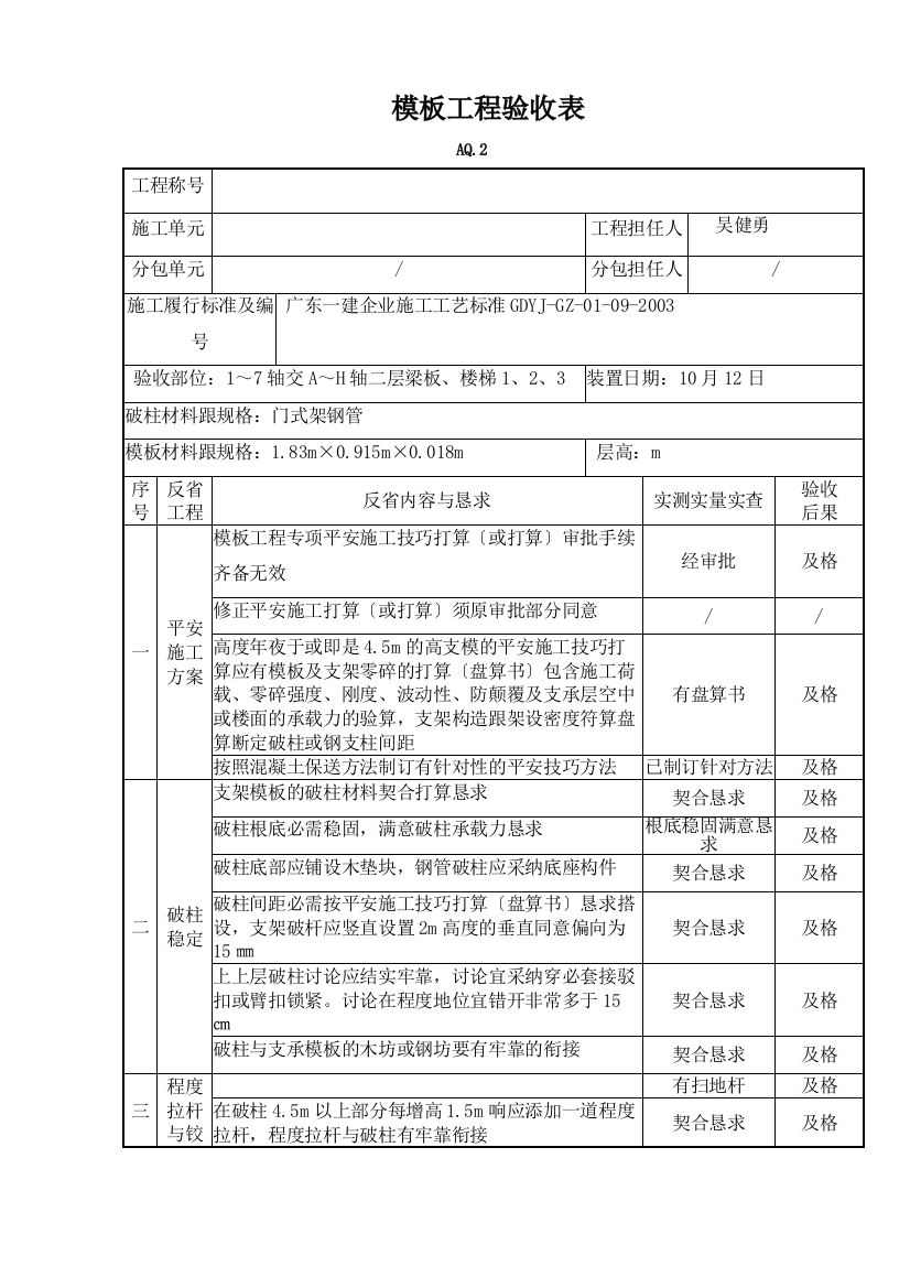 2023年建筑行业模板工程验收表