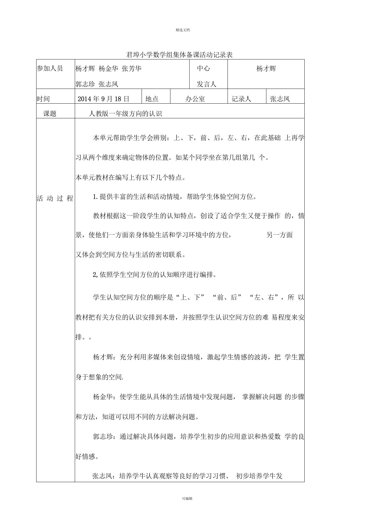 一小学数学组集体备课活动记录表