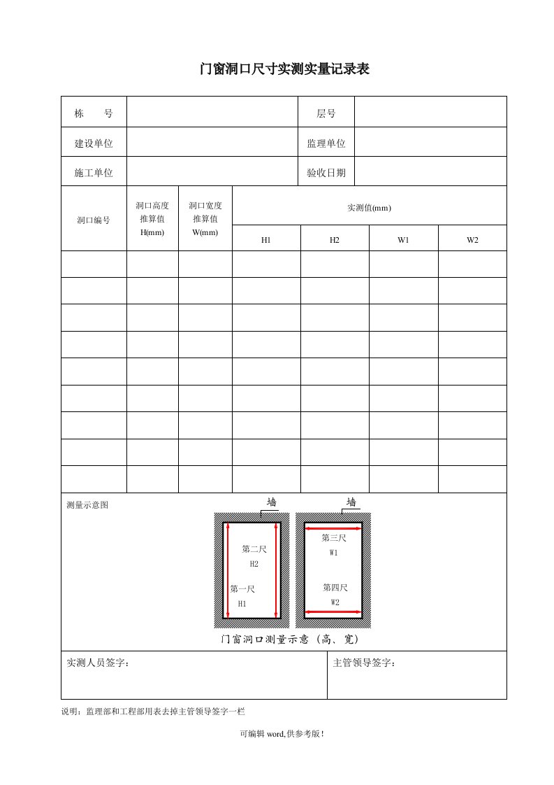 门窗洞口尺寸实测实量记录表