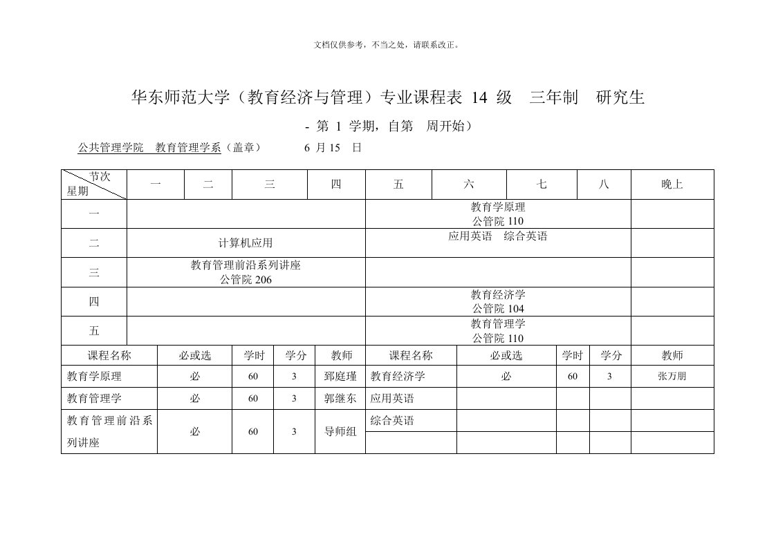 华东师范大学(教育经济与管理)专业课程表-14-级-三-研