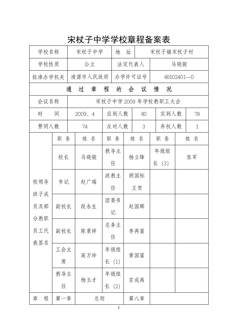 宋杖子中学学校章程备案表