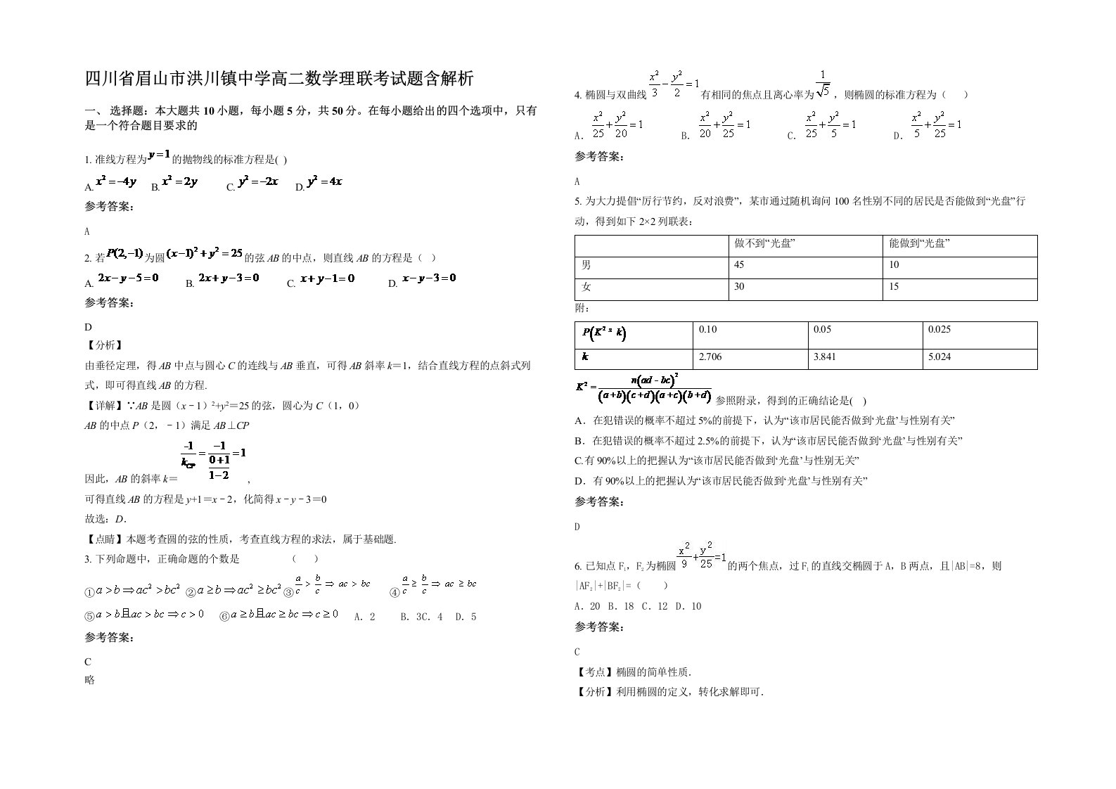 四川省眉山市洪川镇中学高二数学理联考试题含解析