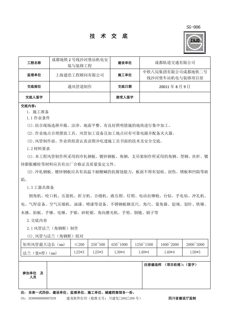 技术交底风管与配件制作专项交底