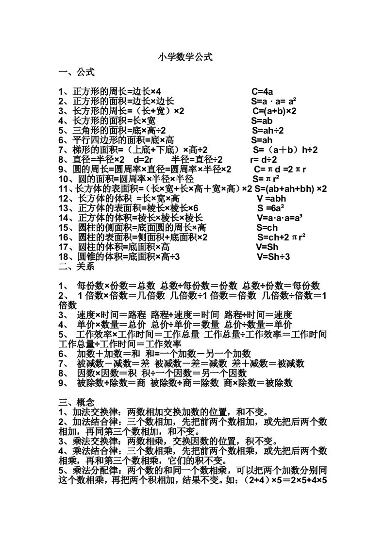 人教版小学数学公式大全