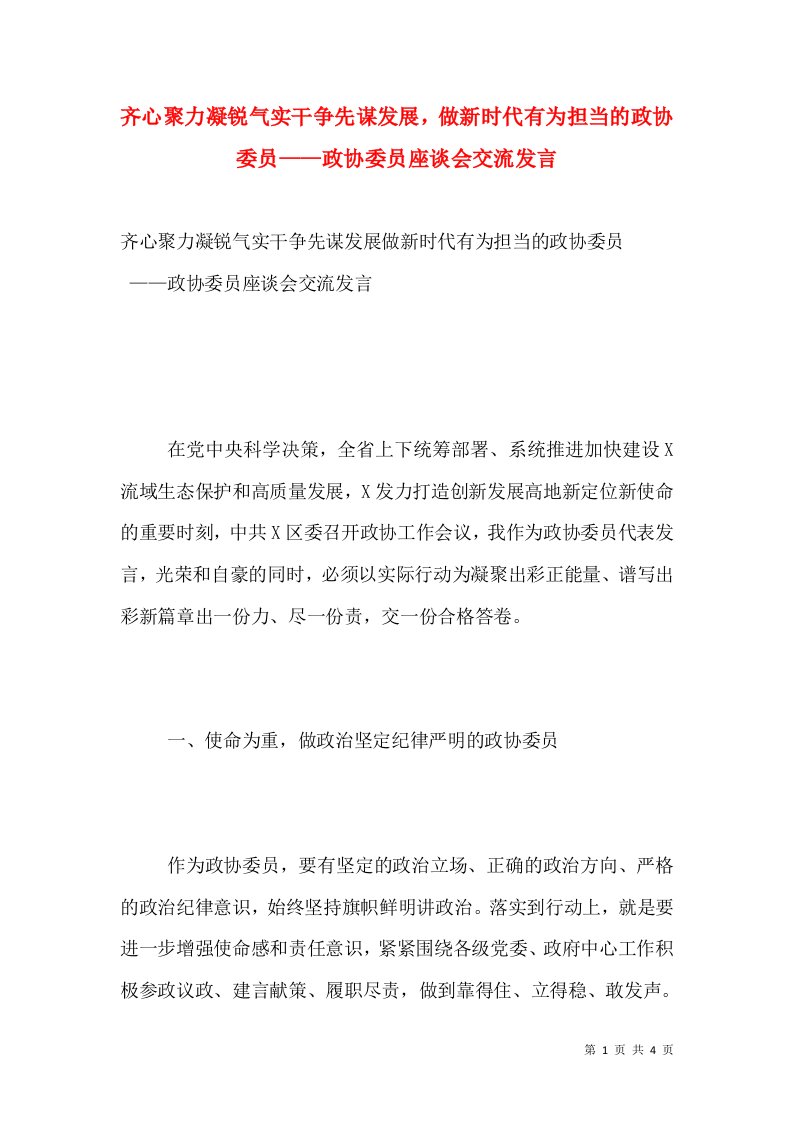 齐心聚力凝锐气实干争先谋发展，做新时代有为担当的政协委员——政协委员座谈会交流发言