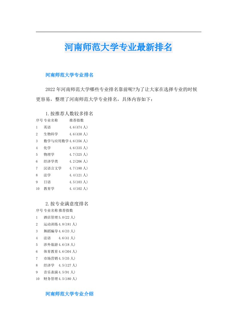 河南师范大学专业最新排名