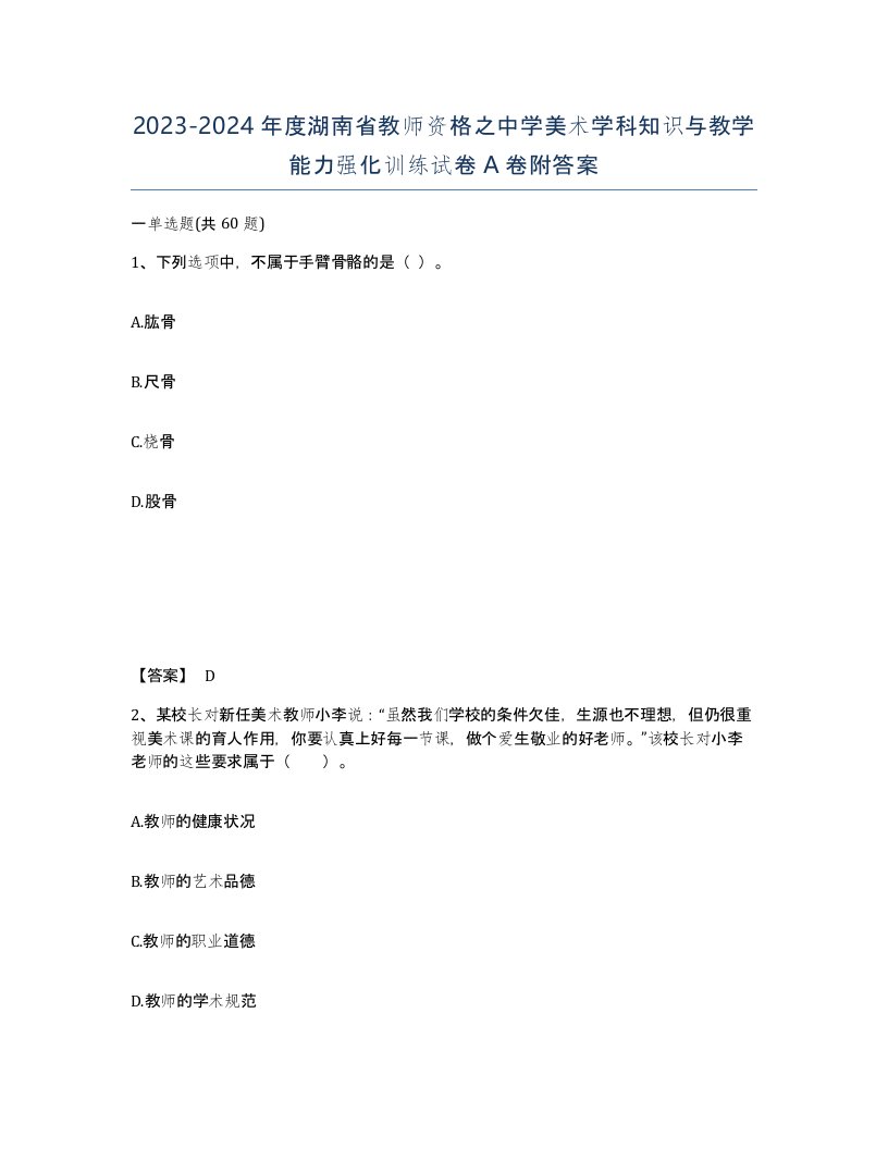 2023-2024年度湖南省教师资格之中学美术学科知识与教学能力强化训练试卷A卷附答案