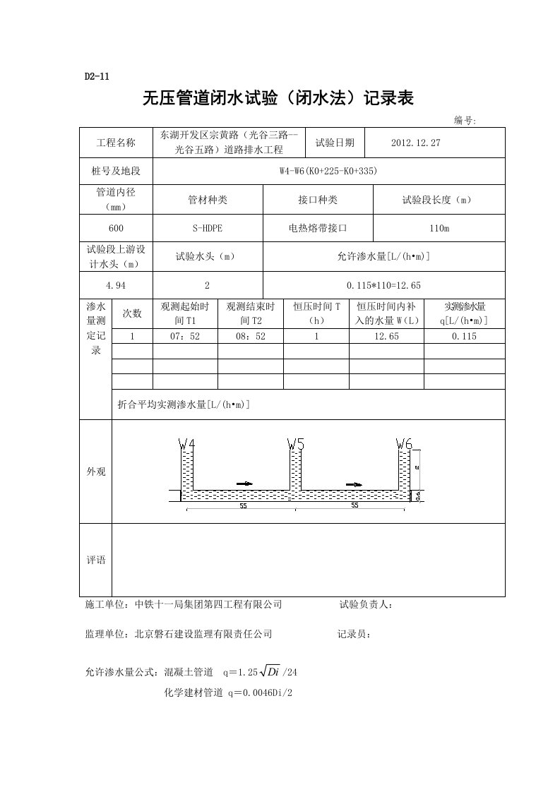 D2-11无压管道闭水试验记录表W4-W18