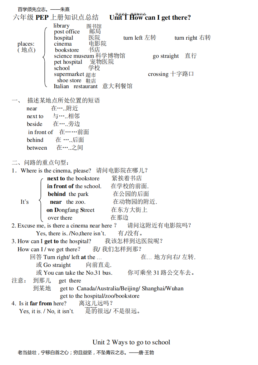 最新人教版PEP小学英语六年级上册期末复习知识点汇总