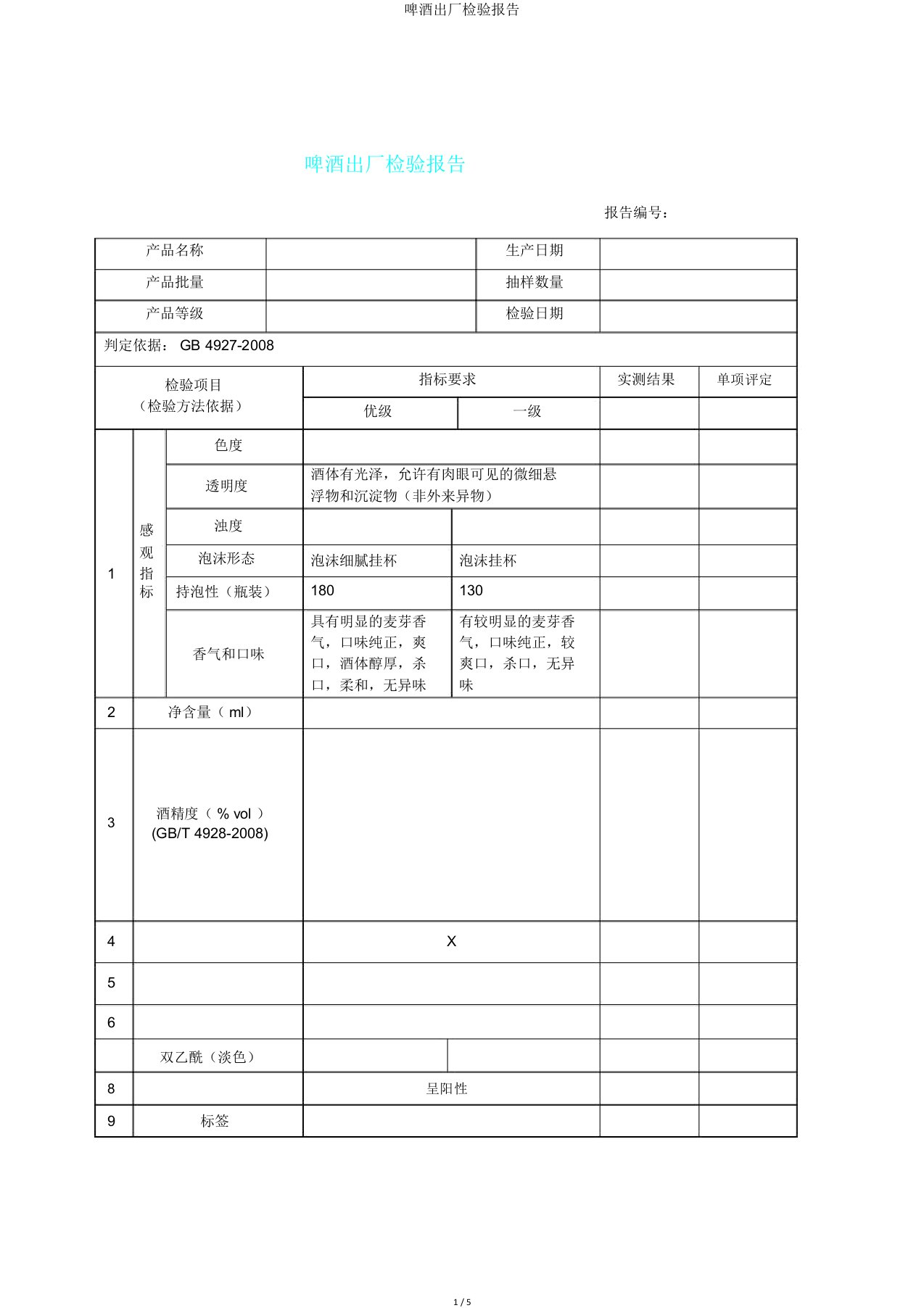 啤酒出厂检验报告