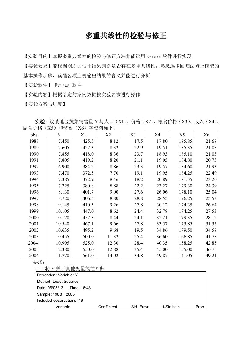 计量经济学实验五-多重共线性的检验与修正