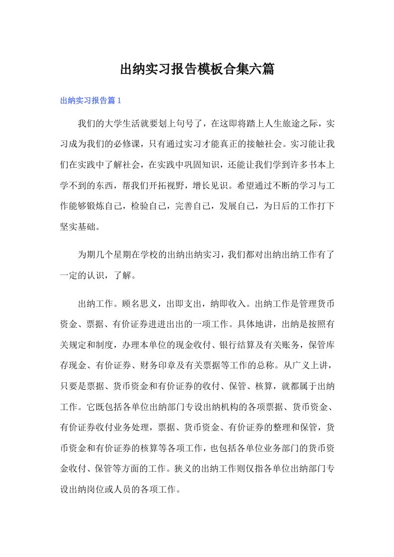 出纳实习报告模板合集六篇