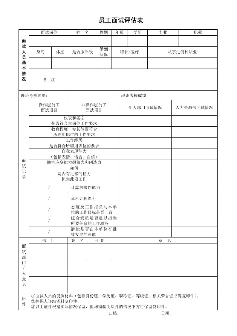 员工面试评估表