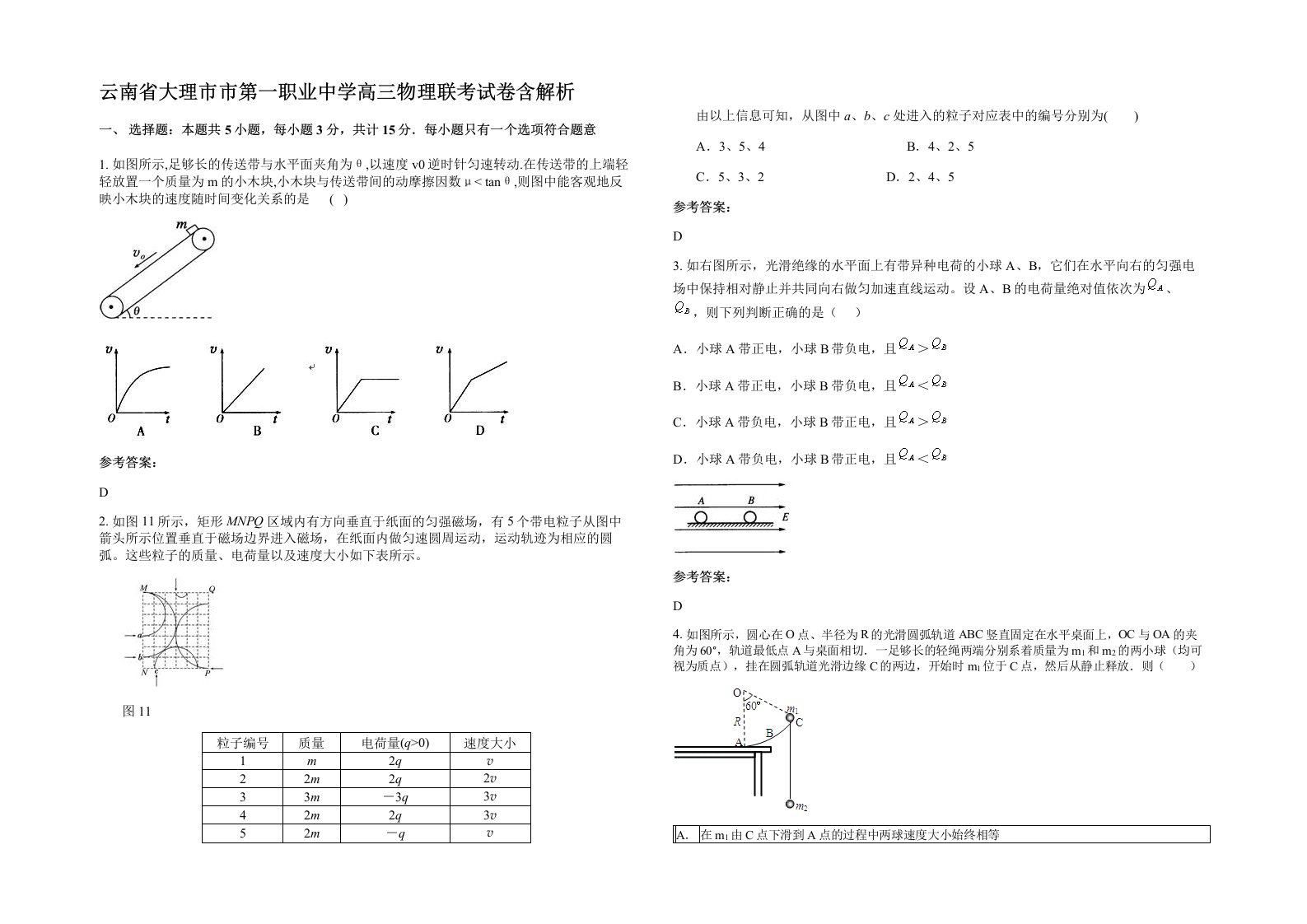 云南省大理市市第一职业中学高三物理联考试卷含解析