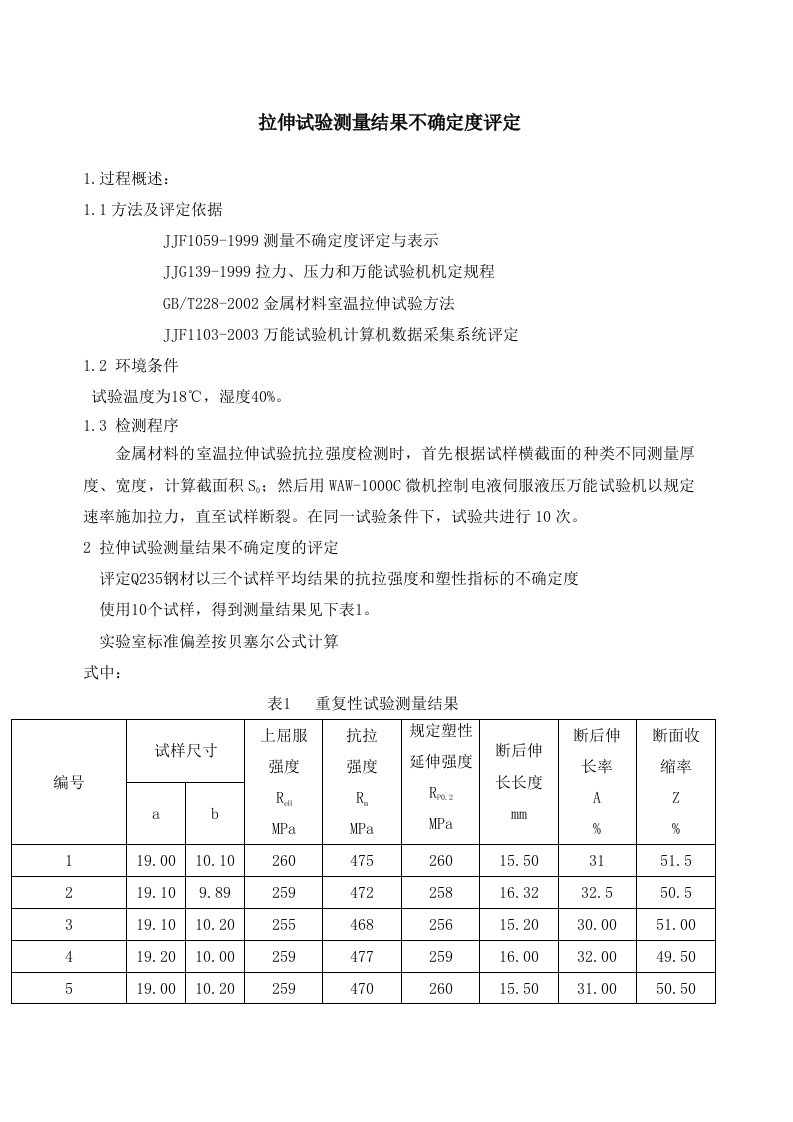 拉伸试验测量结果不确定度评定