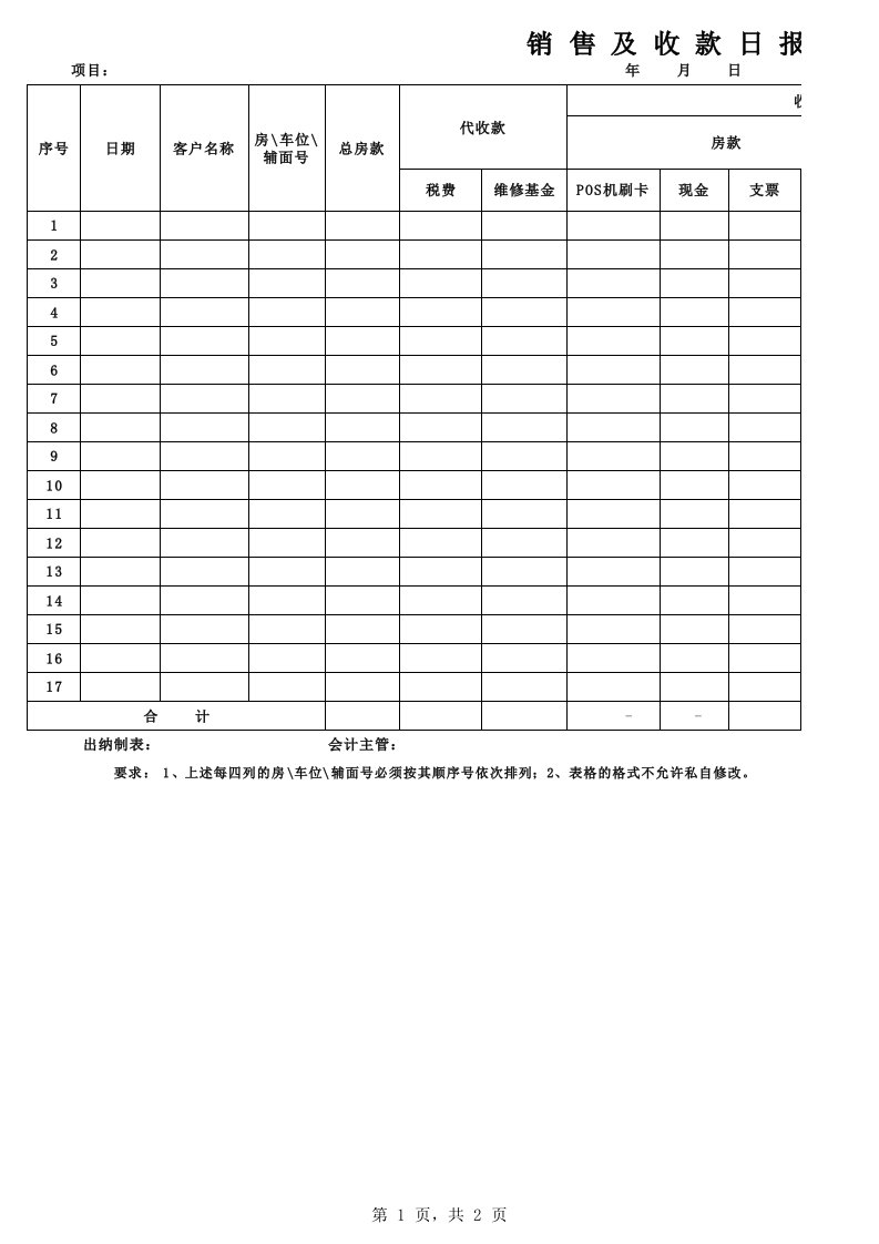 房地产企业销售及收款日报表