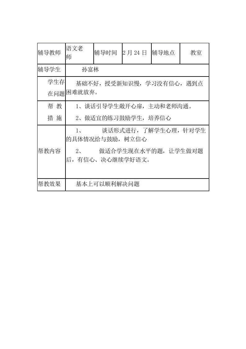 学困生辅导记录辅导教师