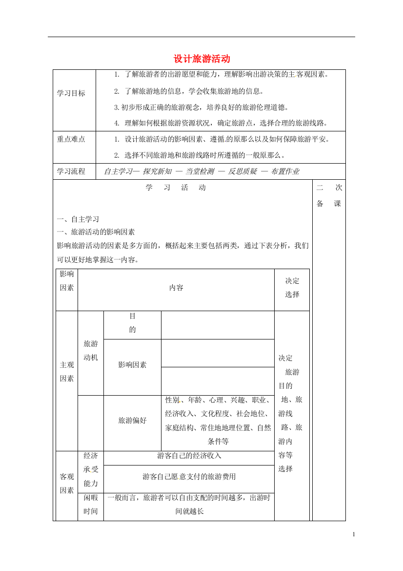 吉林省伊通满族自治县高中地理第五章做一个合格的现代游客.设计旅游活动学案无答案新人教版选修