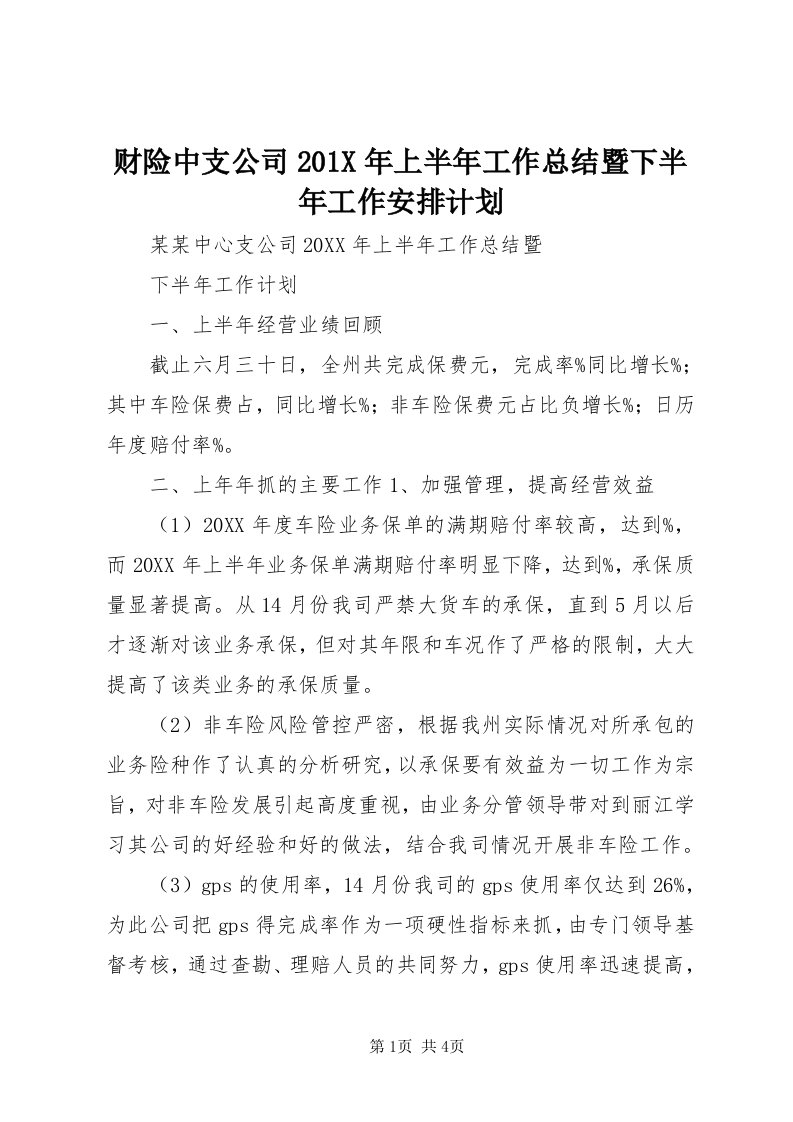 财险中支公司0X年上半年工作总结暨下半年工作安排计划