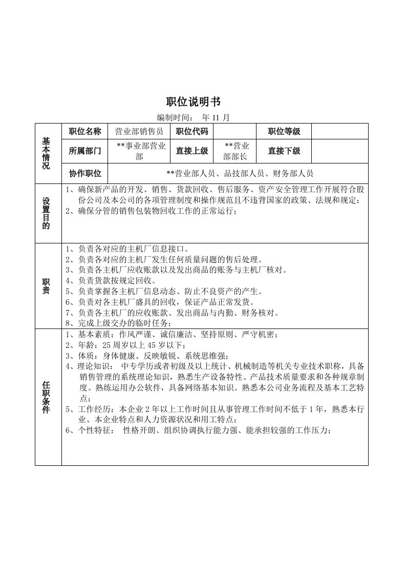 某大型摩配企业营业部销售员岗位说明书