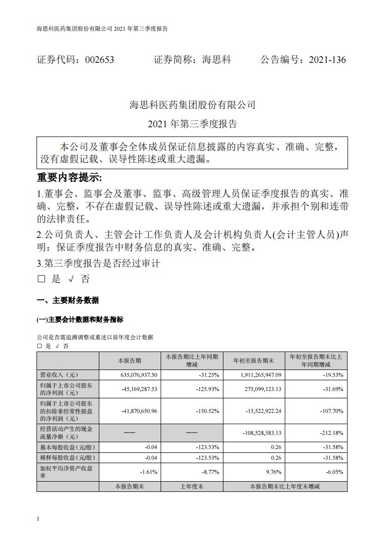 深交所-海思科：2021年第三季度报告-20211030