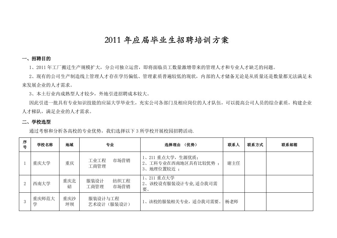 应届毕业生招聘培训方案