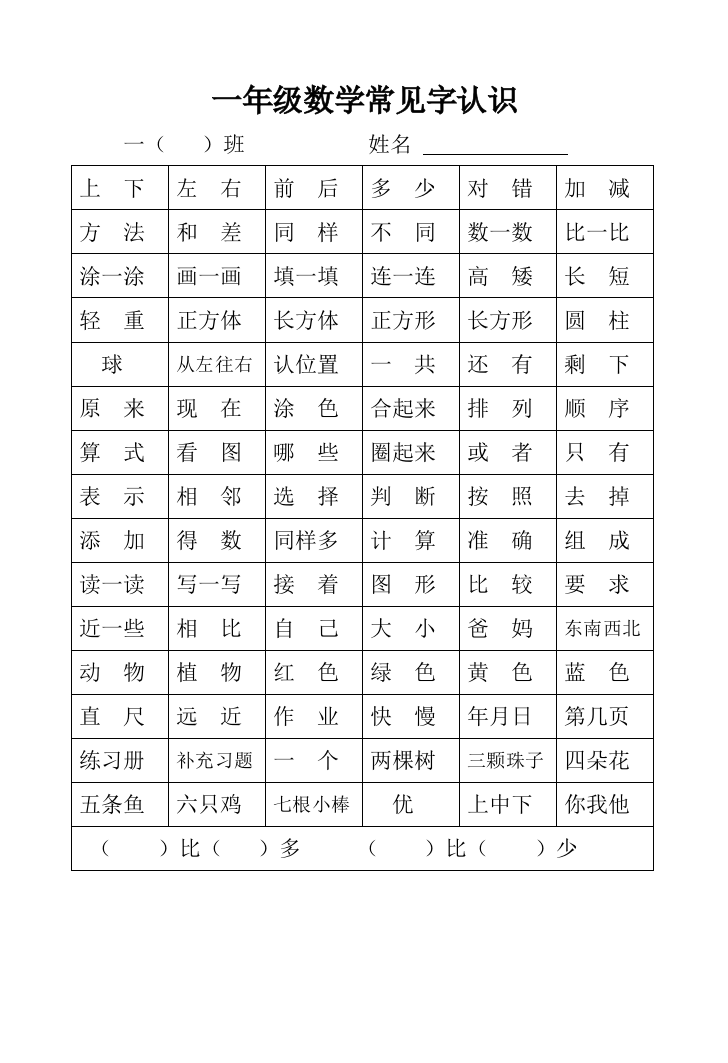 【小学精品】（电子版）一年级数学常见字认识及符号练习