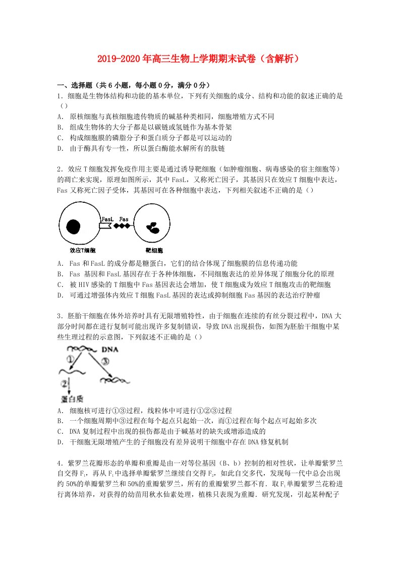 2019-2020年高三生物上学期期末试卷（含解析）