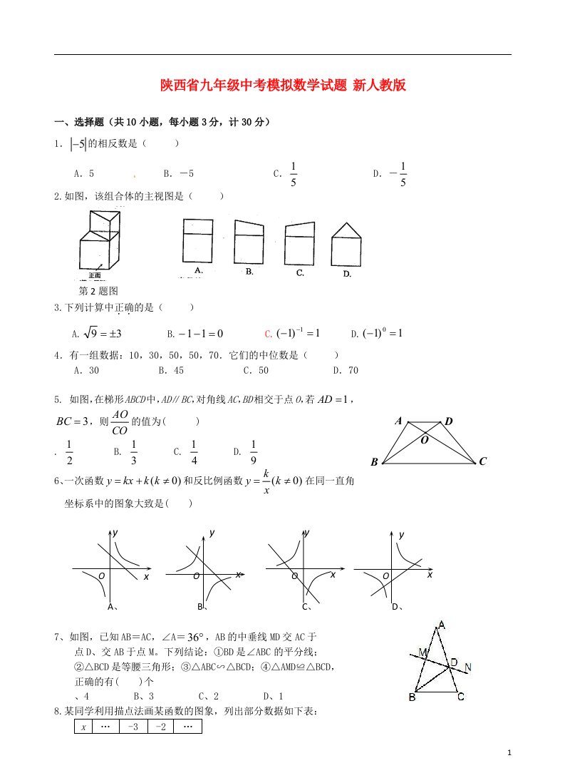 陕西省中考数学模拟试题