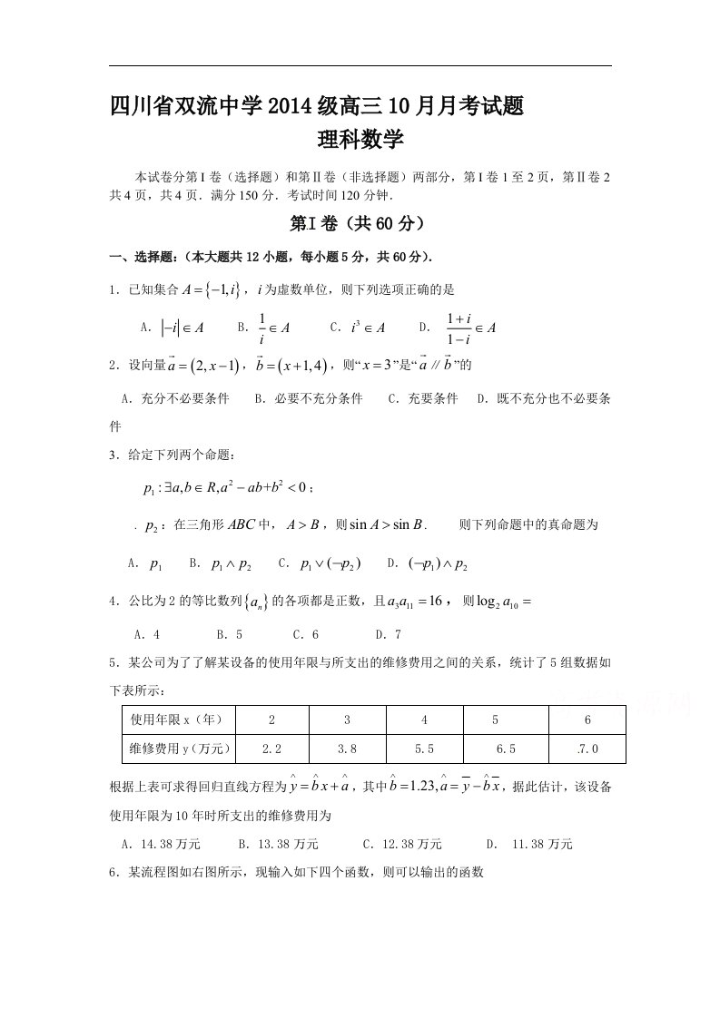 四川省2017届高三10月月考数学（理）试题